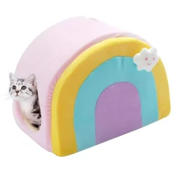 All Fur You Soft and Comfortable Rainbow Cat House Bed in Pink New