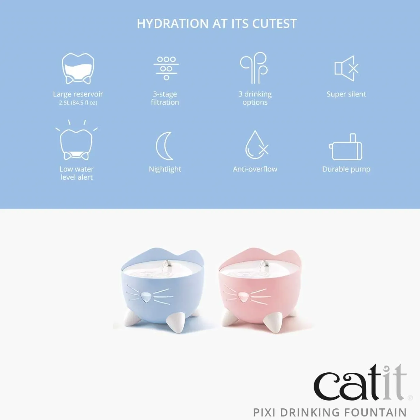 Catit Pixi Fountain with Refill Alert for Cats & Dogs - 2.5 Litres in Pink or Blue Hot