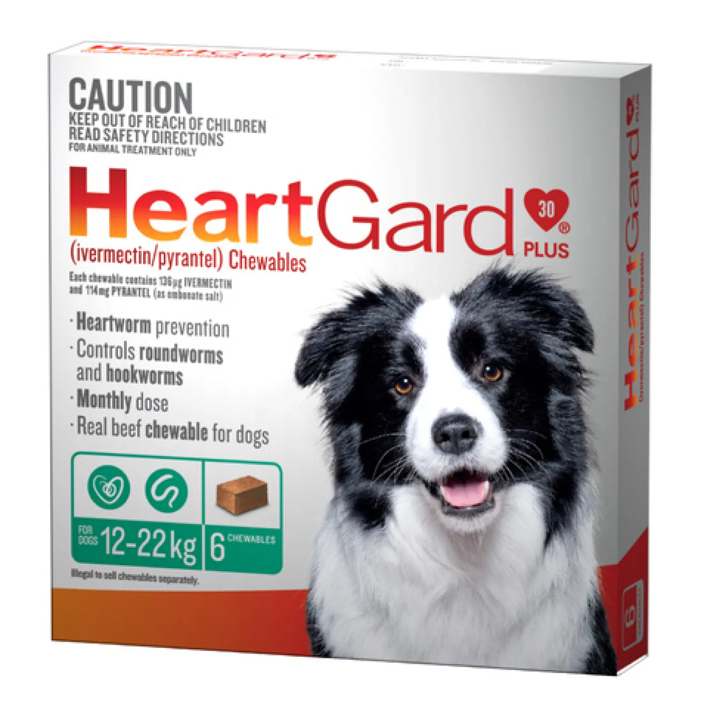 Heartgard 30 Plus Chews for Medium Dogs 12-22kg Green (6s) New