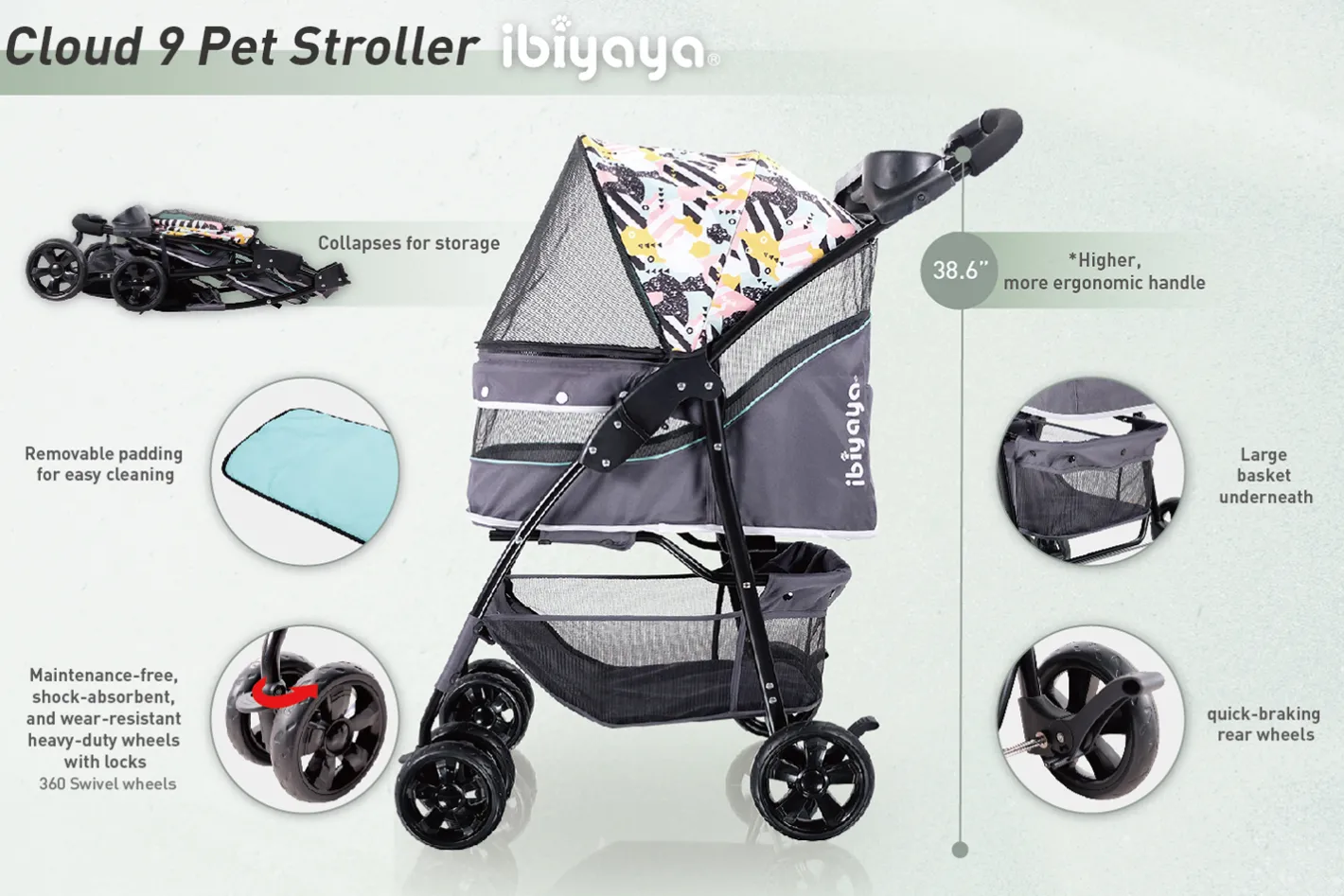 Ibiyaya Cloud 9 Pet Stroller for Cats & Dogs up to 20kg - Mint Green Best