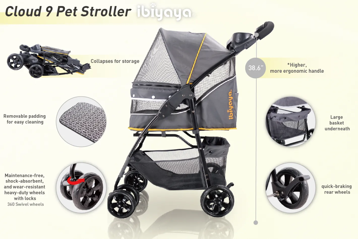 Ibiyaya Cloud 9 Pet Stroller for Cats & Dogs up to 20kg - Mustard Yellow Best