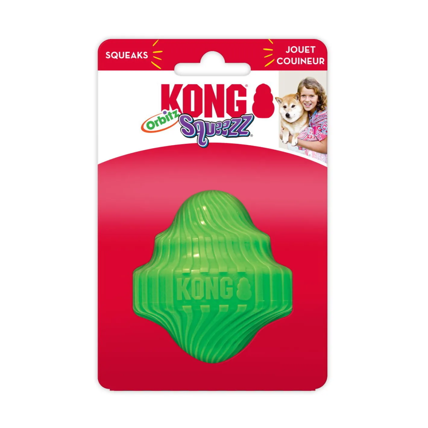 KONG Squeezz Orbitz Spin Top Squeaker Dog Toy - Random Colour - S/M Clearance