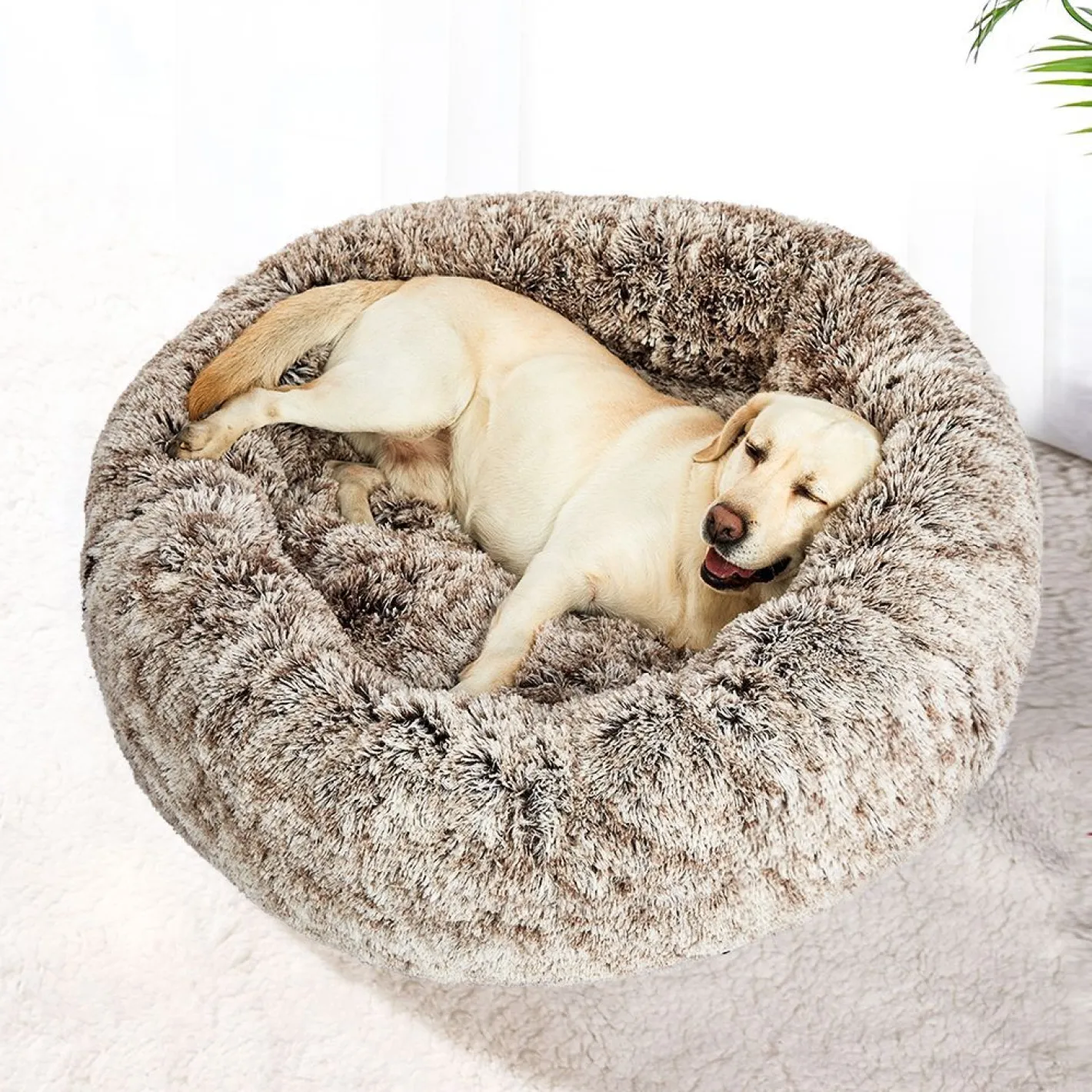 iDS Pet Bed Cat Dog Donut Nest Calming Mat Soft Plush Kennel - Brown Discount