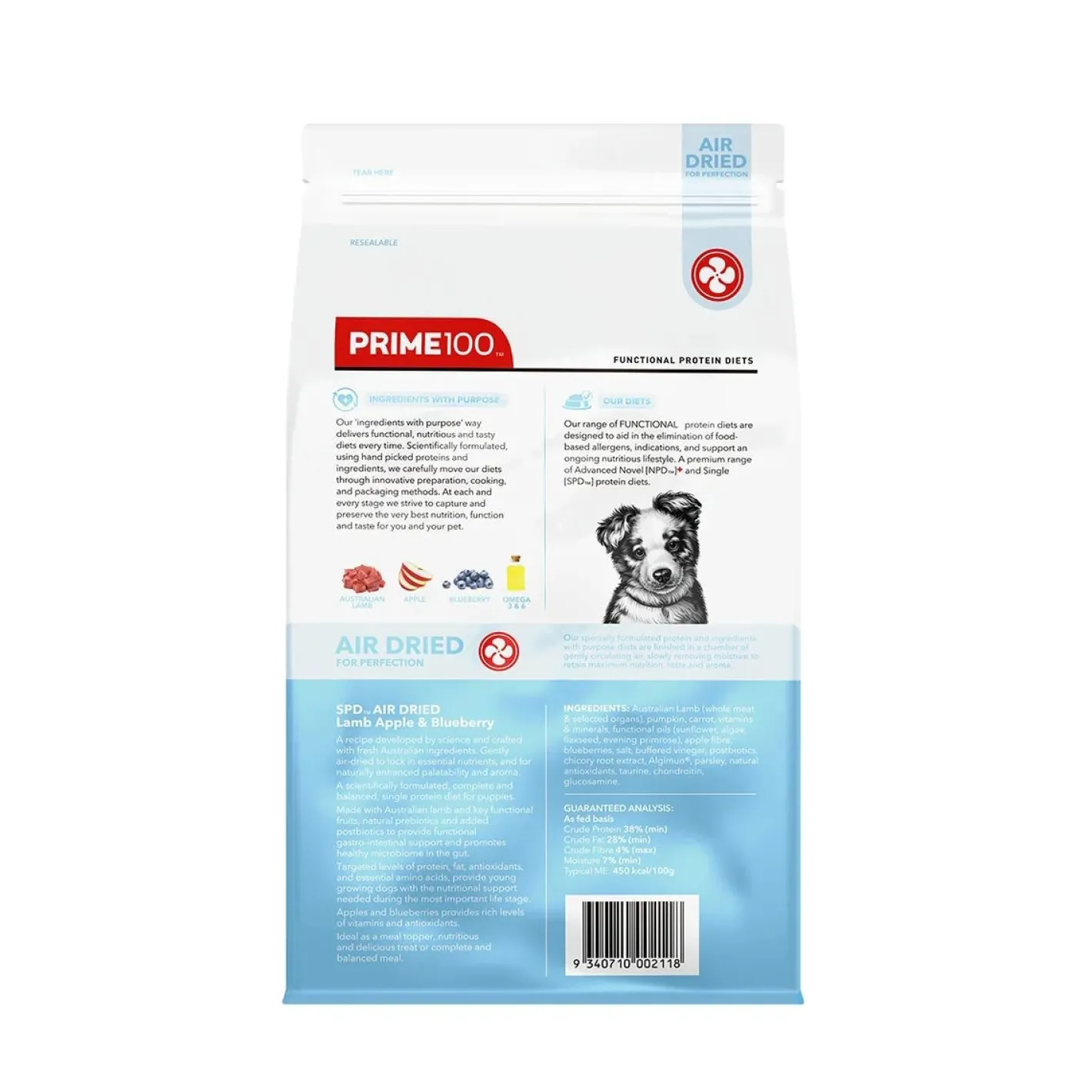 Prime100 Prime SPD Air Dried Dog Food Single Protein Puppy Lamb Apple & Blueberry Best
