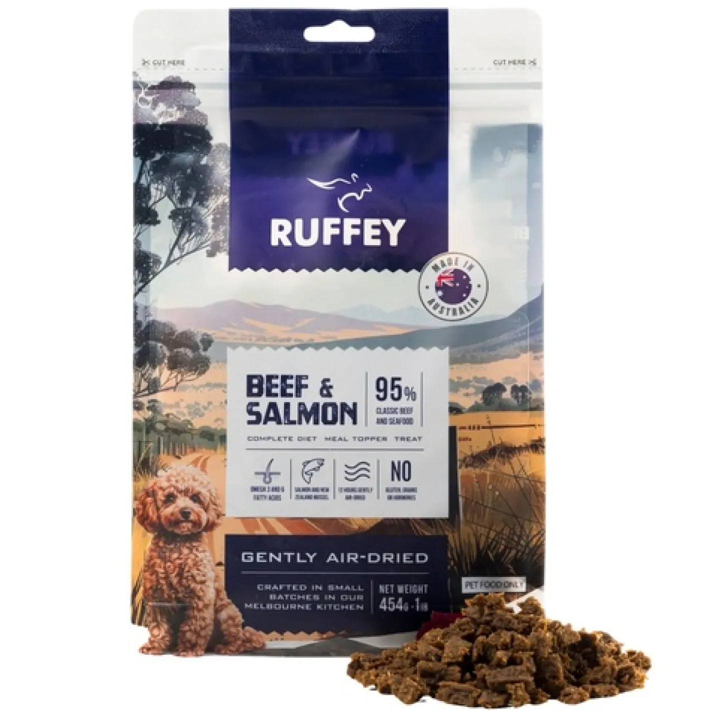 Ruffey Air-Dried Australian Dog Food & Meal Topper - Beef & Salmon 454g - Natural, Healthy Food for Dogs New