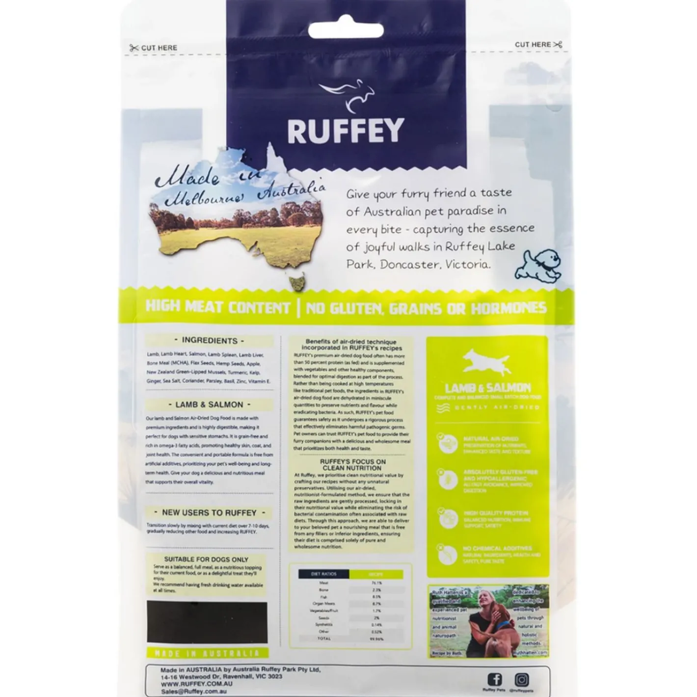 Ruffey Air-Dried Australian Dog Food & Meal Topper - Lamb & Salmon 454g - Natural, Healthy Food for Dogs New