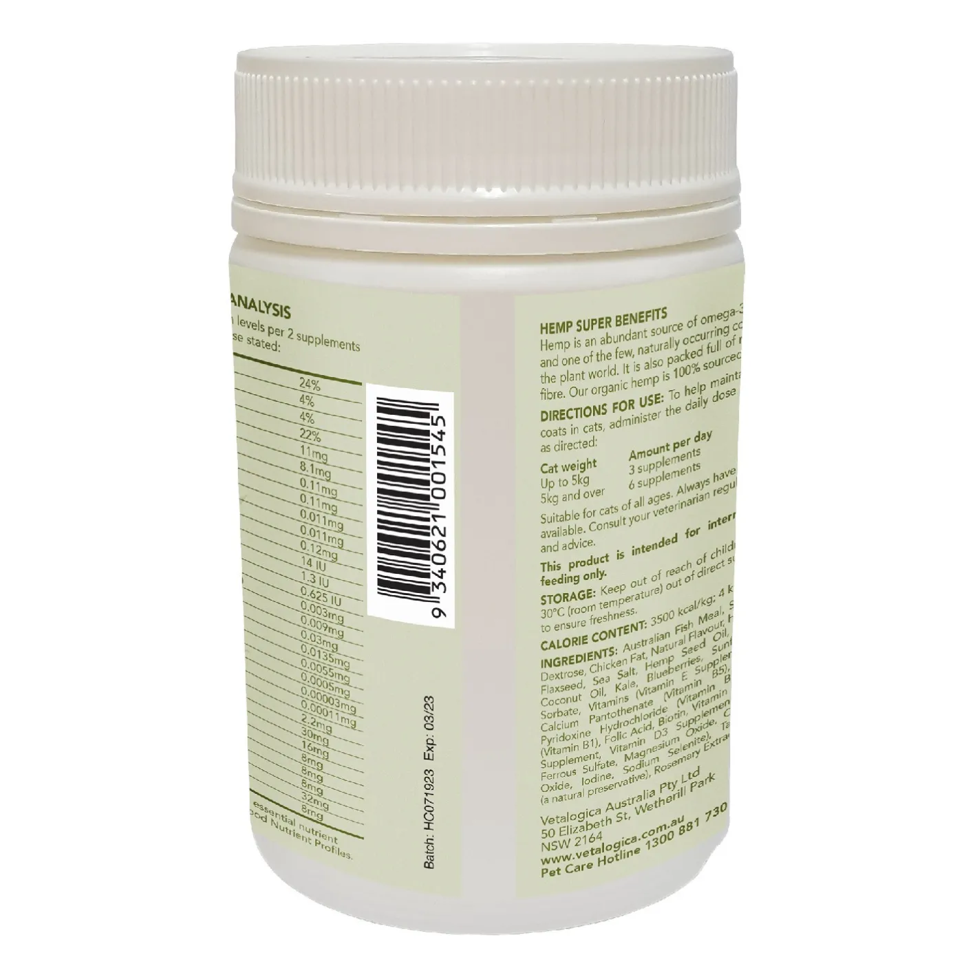 Vetalogica Hemp Clinicals Skin And Coat Plus Cat Supplement 100g Hot