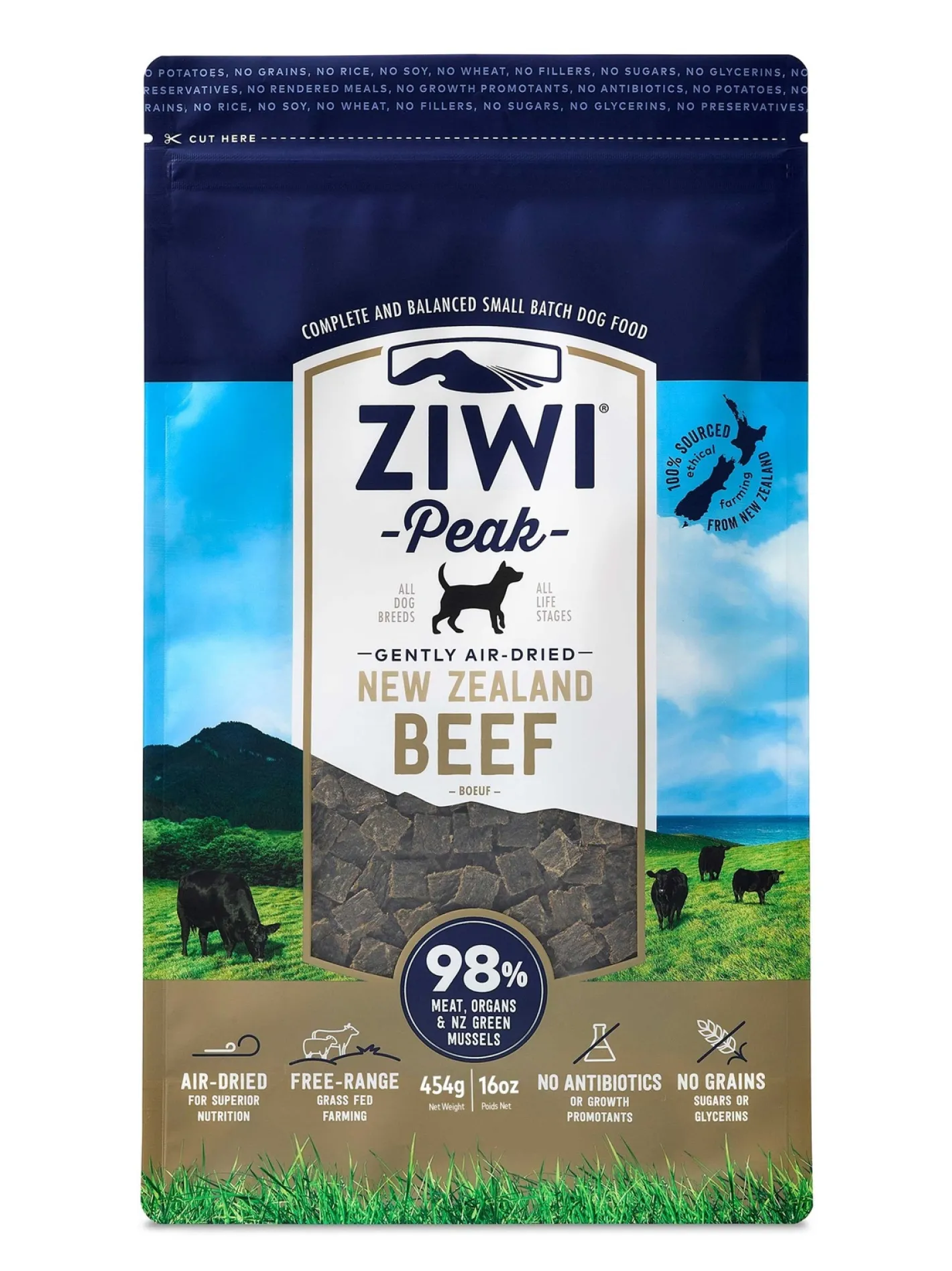 Ziwi Peak Air Dried Grain Free Dog Food 454g Pouch - Free Range Beef Sale